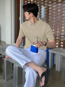 DAZY Men's Plain Beige Knit Top, Summer - Khaki - View 4