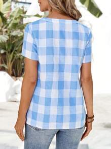 SHEIN LUNE Blusa casual de mujer con cuello con muesca a cuadros para vacaciones - Azul y blanco - Ver 2