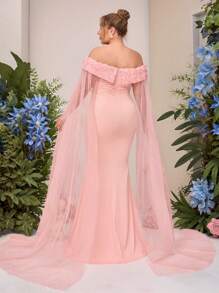 SHEIN Belle Plus Size Elegant Minimalist Pink Flounce Off Shoulder Neck Floral Embellished Long Flared Hem Bridesmaid Dress