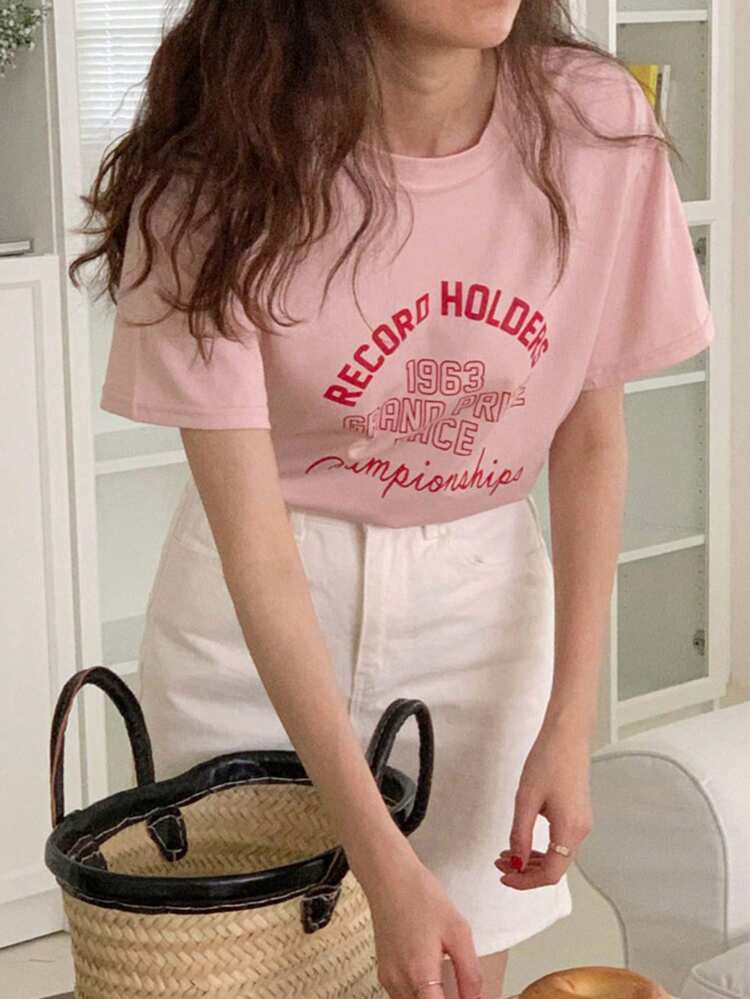 Women's Casual Loose Fit Drop Shoulder T-Shirt With Letter & Number Print For Summer,Graphic Tees Easter