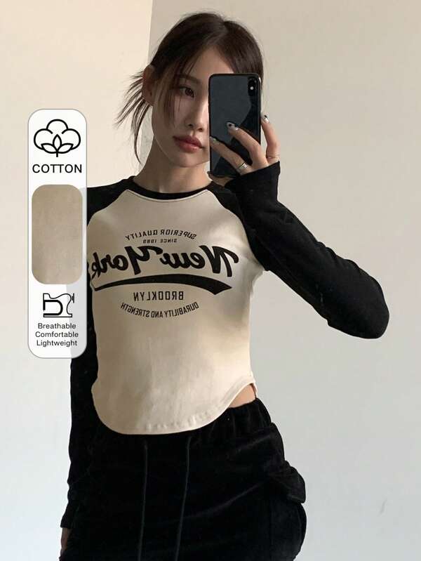 DAZY Letter Graphic Raglan Sleeve Curved Hem Tee Long Sleeve Women Tops