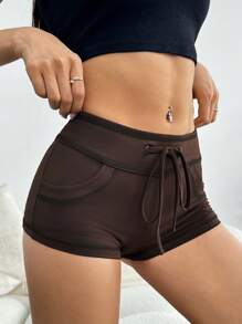 SHEIN EZwear Quần short cạp thấp bó sát siêu ngắn có dây rút đường khâu hở - Cà phê nâu - Xem 3