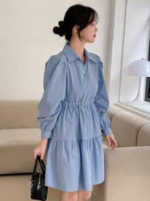 Solid Puff Sleeve Ruffle Hem Shirt Dress,Fall Dress Long Sleeve Dress - Blue - View 5