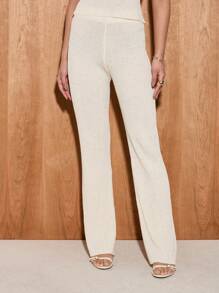 AiiRZ Conjunto de ropa de estar en casa de dos piezas de punto esponjoso con hombros descubiertos, pantalones acanalados de pierna ancha de cintura alta y coordinado cálido para la temporada festiva