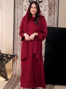 Graceveil Vestido de abaya árabe modesto con cuello de capucha y falda - Burdeos - Ver 2