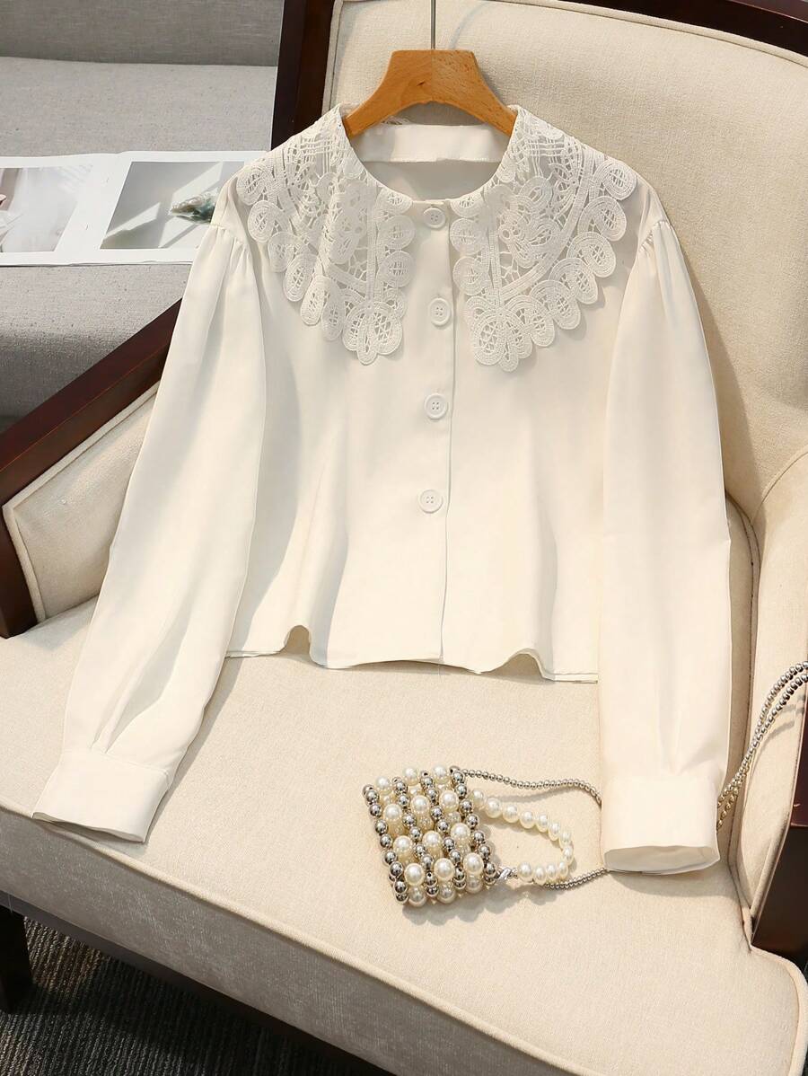 SHEIN LUNE 女士休闲纯色蕾丝拼布衬衫 - 白色 - 查看 1