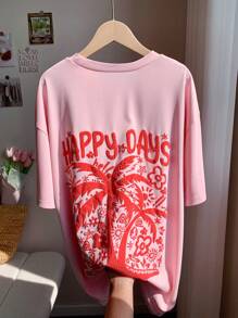 Comfortcana Plus Size Summer Pink Vacation Coconut Tree Print T-Shirt - Pink - View 4