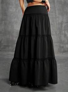 SHEIN EZwear Women's Spring And Summer Country Festival Outfits Vintage Ruffle Lace Maxi Skirt