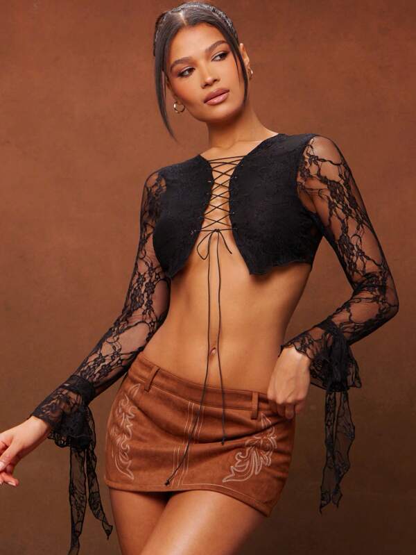 Hauture Long Sleeve Lace Up Cropped Sexy Top For Women