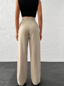 EURMUSE 优质正面褶裥和假抽绳细节阔腿裤 - 米色 - 查看 6