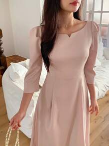 DAZY 女士圆领收腰半袖中长连衣裙，返校季服装 - 粉色 - 查看 9