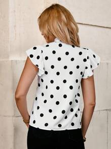 Solivie 黑白波点蝴蝶结领盖袖修身女式衬衫女式夏季服装乡村服装女式夏季服装