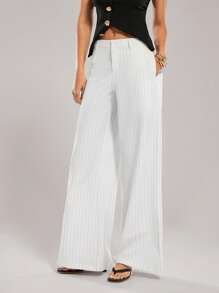 SHEIN Forever 21 Quần ống rộng kẻ sọc đen trắng mùa xuân mới cho nữ công sở/thường ngày - trắng - Xem 4