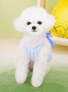 PETSIN Vestido a rayas con decoración de moño azul, elegante y delicado, apropiado para mascotas pequeñas, para primavera/verano - Azul - Ver 4