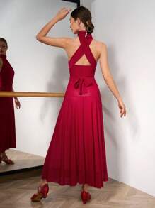 Mulvari Elegant Solid Color Backless Halter Neck Dress, Comfortable Dance Wear Latin Dancewear  Ballet Tutus Ballroom Dance Dresses/Skirts Dancewear/Dance Costumes/Dance Dresses/Dance Skirts