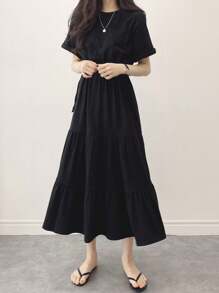 DAZY Solid Drawstring Waist Layered Hem Dress,Ladies Casual Drawstring,Ruffle Hem Short Sleeve Round Neck Regular Fit Long Black Roll Up Sleeve Plain A Line Women Long Dresses,Spring/Summer,Casual Daily Wear Sundress