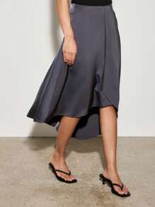 AiiRZ 缎面中长款不对称手帕下摆A字裙 晚宴派对婚礼宾客 夏季秋季时尚正式裙 - 黑色 - 查看 5