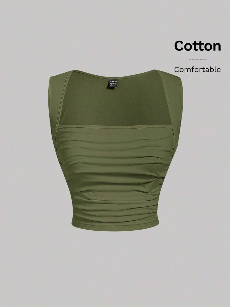 SHEIN MOD Square Neck Ruched Tank Top - Army Green - View 1