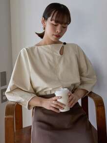 FRIFUL 镂空不对称领灯笼袖长袖女式衬衫