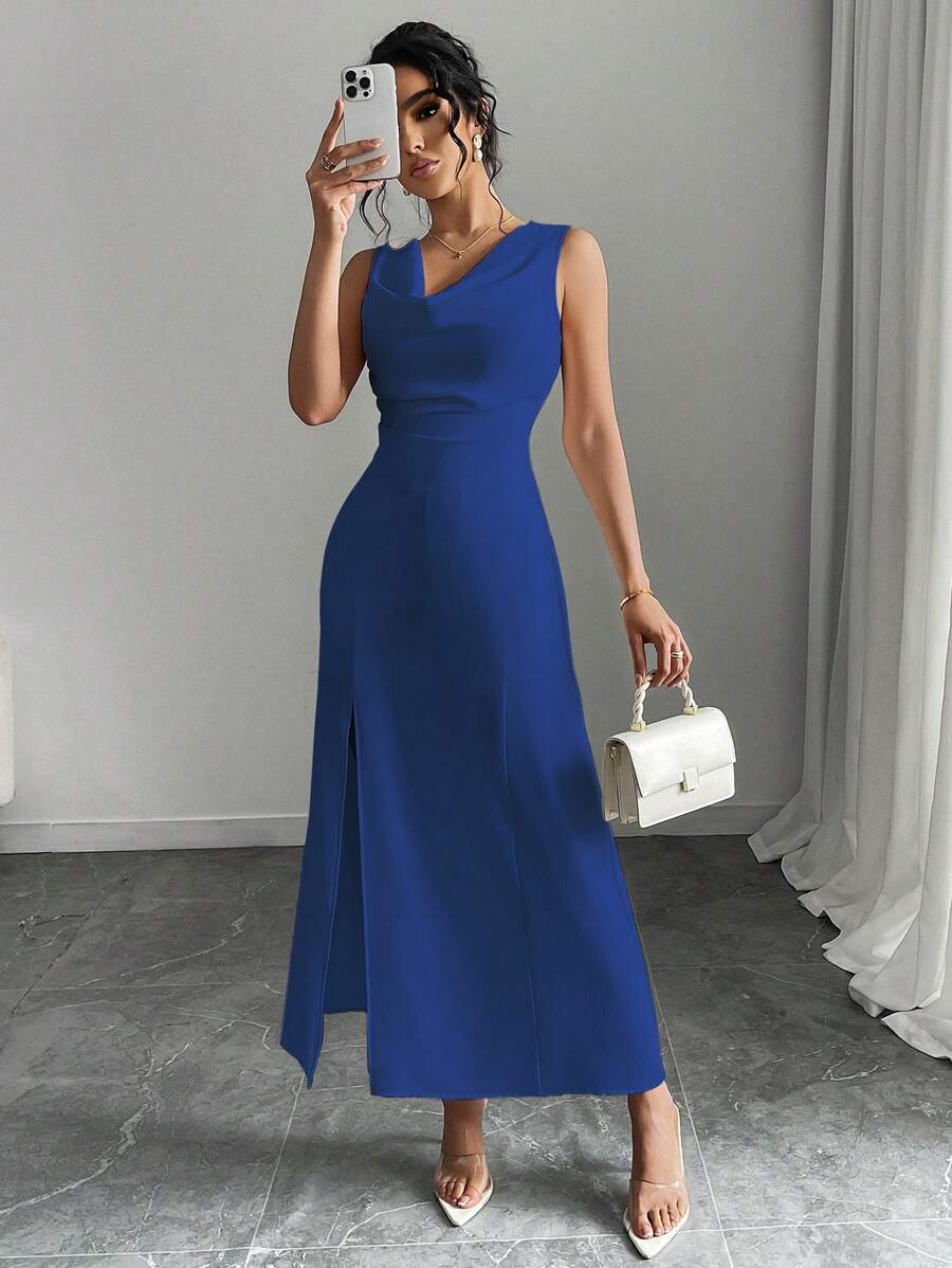 SHEIN Unity Women Elegant Solid Color V-Neck High Slit Sleeveless Dress, Formal Evening Dress, Sexy Long Dress - Blue - View 1