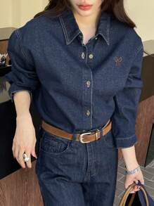 DAZY Women's Long Sleeve Casual Denim Top With Embroidered Bow Detail, Suitable For Autumn,Back To School Clothes,Jeans Jacket,Fall Women Clothes