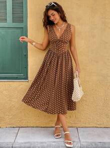 Breezaya V-Neck Ruched Waist Polka Dot Midi Dress, Fashion Versatile Sleeveless Flowy Dress For Women - Multicolor - View 3