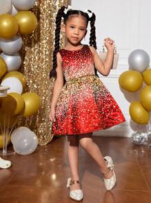 SHEIN Young Girl V-Neck Bow Decor Sleeveless Christmas Party Dress