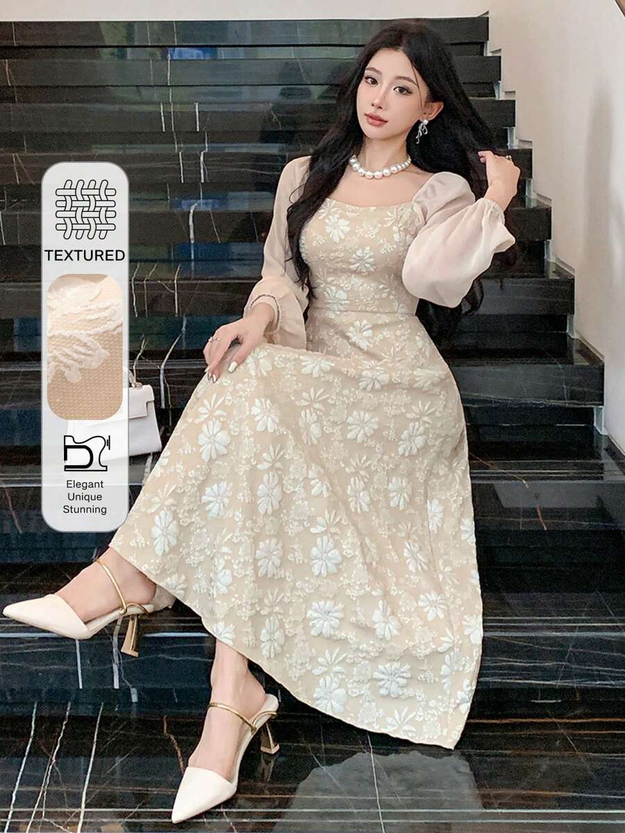 DAZY Đầm dự tiệc dài ngang gối thanh lịch dành cho nữ, đầm dạ hội họa tiết hoa mùa xuân/hè, đầm cưới, đầm lễ Phục sinh. - Màu be - Xem 1