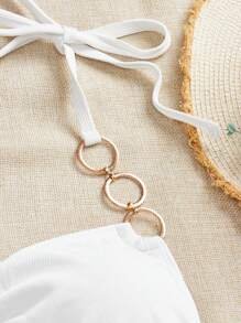 SHEIN Swim Curve Plus Size Women 3Pcs Solid Ribbed Halter 3-Point Cup Tankini Set With White Mesh Wrap Cover Up, Beach Holiday Swimwear - White - View 5