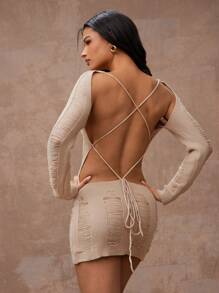 Hauture Robe en tricot moulante à manches longues, déchirée, de couleur unie pour femmes - Kaki - Voir 3