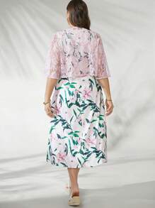 SHEIN Clasi Conjunto de 2 piezas para mujer talla grande: Cárdigan de encaje y vestido sin mangas con estampado floral de cuello en V