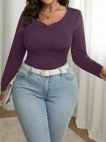 SHEIN LUNE T-shirt de base ajusté et slim à manches longues et de couleur unie, grande taille