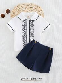 Cozy Pixies 2 件装女婴撞色丝带装饰彼得潘领衬衫和松紧腰短裤套装