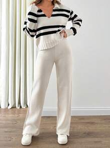 EURMUSE 女士条纹针织毛衣和罗纹慢跑裤套装 - 黑白上衣搭配奶油色裤子，非常适合秋冬季节。 - 米色 - 查看 5