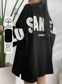 DAZY Women's Summer Loose Fit Casual T-Shirt With Round Neckline And Letter Print Design Oversized T-Shirt Streetwear - Black - View 7