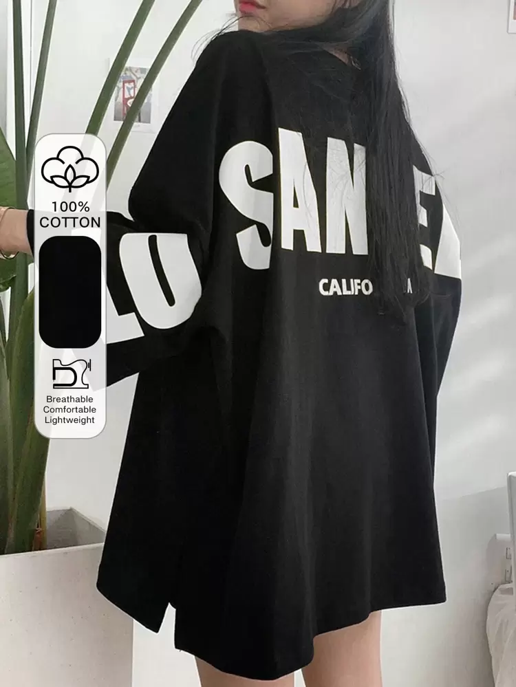 Women's Summer Loose Fit Casual T-Shirt With Round Neckline And Letter Print Design Oversized T-Shirt Streetwear