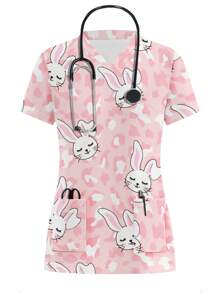 PopScrub Women's Cartoon Rabbit Print V-Neck Short Sleeve Scrub Uniform Top - Multicolor - View 1