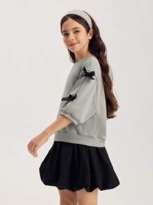 SHEIN Tween Girls 2 件套 - 灰色褶皱灯笼袖上衣配装饰蝴蝶结，黑色短款泡泡裙，适合上学、郊游、运动、春夏季 - 彩色 - 查看 6