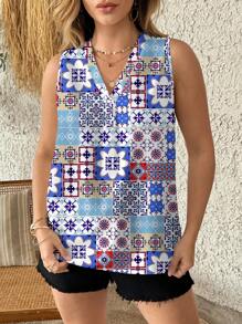 Glamance Pamile Women Blue Plus Size Blouses Sleeveless V Neck Boho All Over Print,Floral,Plain, Summer Outfits For Women Summer Tops Going Out