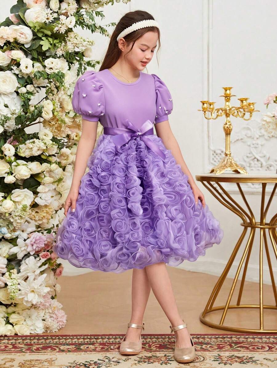 Vestido floral 3D con manga de perla y cinturón para niñas preadolescentes, elegante para el verano