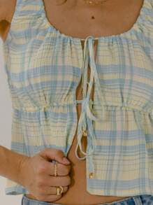 Aralina Summer Vacation Gingham Check Tie Up Cute Summer Vacation Top - Baby Blue - View 3