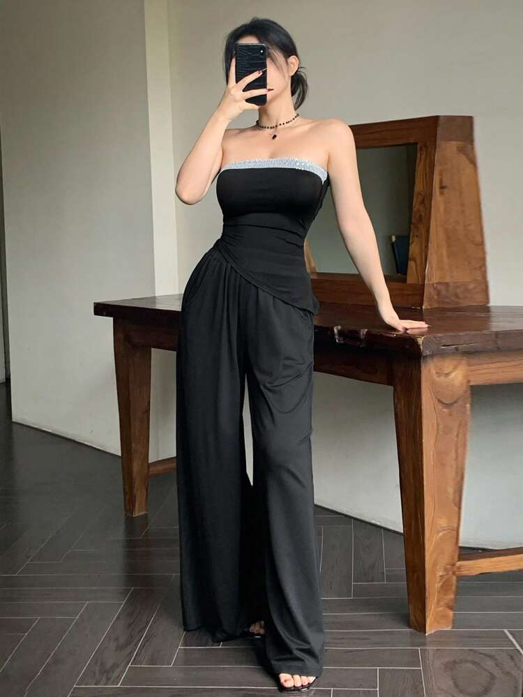 2pcs/Set Women Patchwork Sequin Decorated Cropped Camisole Top & Asymmetric Hem Shorts Athletic Suit