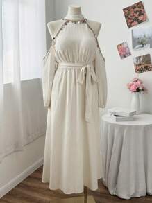 Sunnyshic Vestido largo elegante de línea A para playa con escote halter y cordones, vestido de lino cómodo para vacaciones