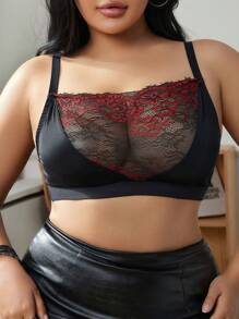 1pc Plus Size Women's Comfortable Anti-Sag Embroidered Lace Insert Thin Bralette - Multicolor - View 3