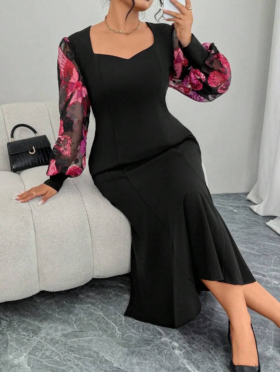 Modelyn Plus Size Woven Fabric Patchwork Waist Design Long Sleeve Dress - Black - View 1