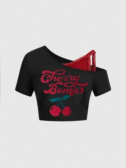 Kawaii Plus Size Lace Patchwork Asymmetric Neck Cherry Print Form-Fitting Top, For Summer