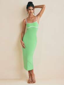 FLOW X Designer Mint Green Contrast Spaghetti Straps And Tape Bodycon Midi Prom Dress Spring And Summer, Concert Outfit - Mint Green - View 5
