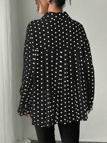 Chiquease 休闲波点印花褶皱后背衬衫，适合春秋季节 - 黑色 - 查看 2