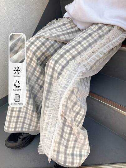 FRIFUL 女式格子网眼拼接荷叶边下摆装饰及踝长裤秋季