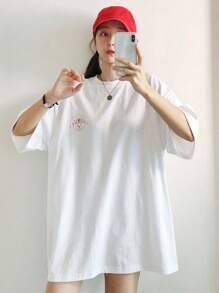 Cartoon Print Drop Shoulder Tee Oversized T-Shirt - White - View 4